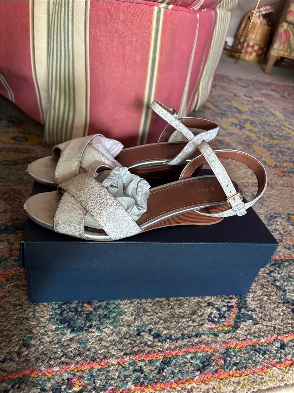 Cole Haan Elsie Metallic Cross-Strap Ankle-Strap Wedge Sandals